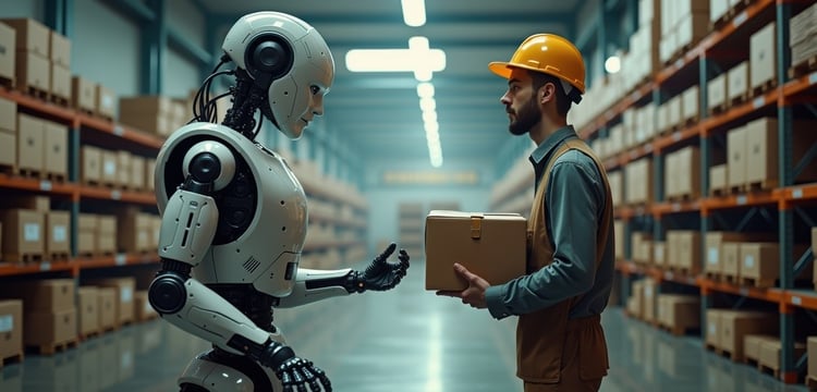 Robot and Human in Warehouse