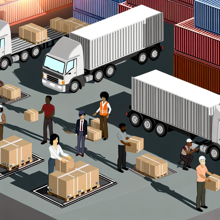 An image of a warehouse dock with workers unloading and loading freight onto trucks